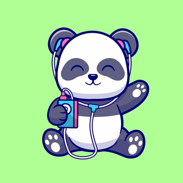 Panda bonito ouvindo música com ilustração de ícone de vetor de desenhos animados de fone de ouvido. música animal isolada