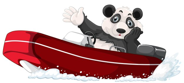 Panda em um barco a motor em estilo cartoon