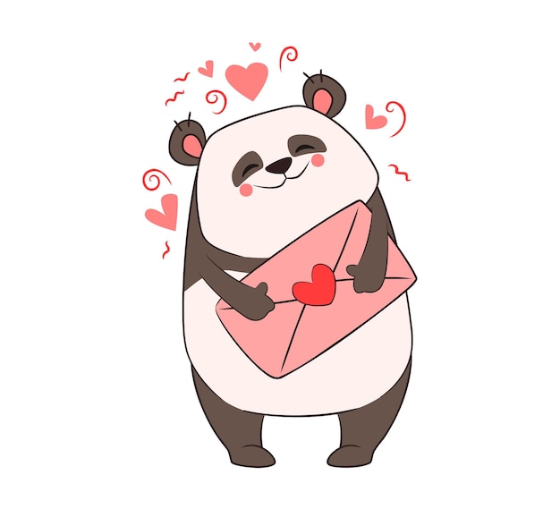 Panda engraçado segura em suas patas uma carta rosa com um coraçãodia dos namoradosilustração vetorial