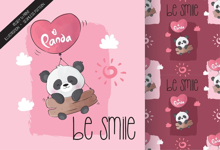 Vetor grátis panda fofa feliz voando com padrão sem emenda de balão de amor