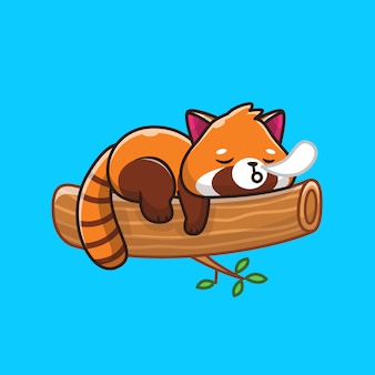 Panda vermelha bonito dormindo na madeira icon ilustração. estilo cartoon plana