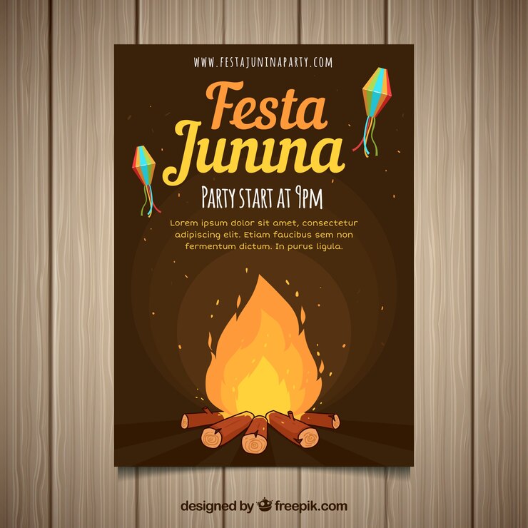Vetor grátis panfleto de convite festa junina com fogueira à noite