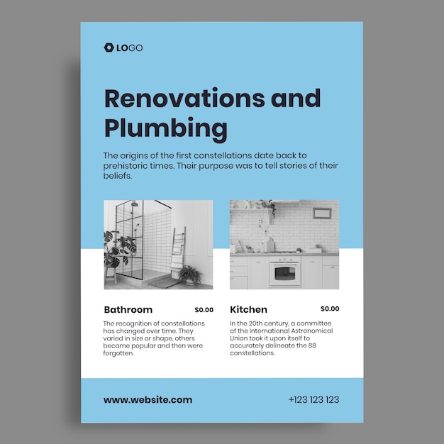Vetor grátis panfleto de encanamento de remodelação de banheiro e cozinha simples