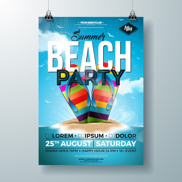 Vetor grátis panfleto de festa de verão com flip-flop colorido na ilha tropical