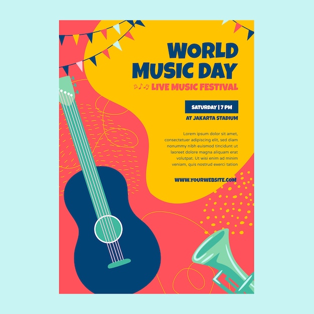 Vetor grátis panfleto do dia mundial da música desenhada à mão com guitarra