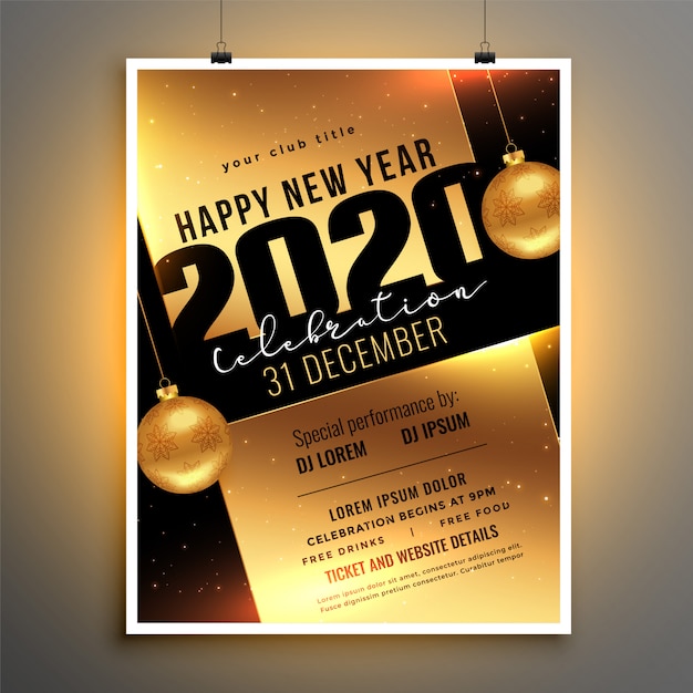 Panfleto dourado ou cartaz para o modelo de festa de comemoração de ano novo de 2020