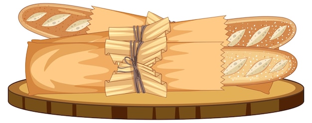 Pão baguete na bandeja de madeira