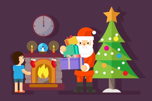 Papai Noel dá presentes para o menino na árvore de Natal. Presente para criança, celebração de feriado, ilustração vetorial