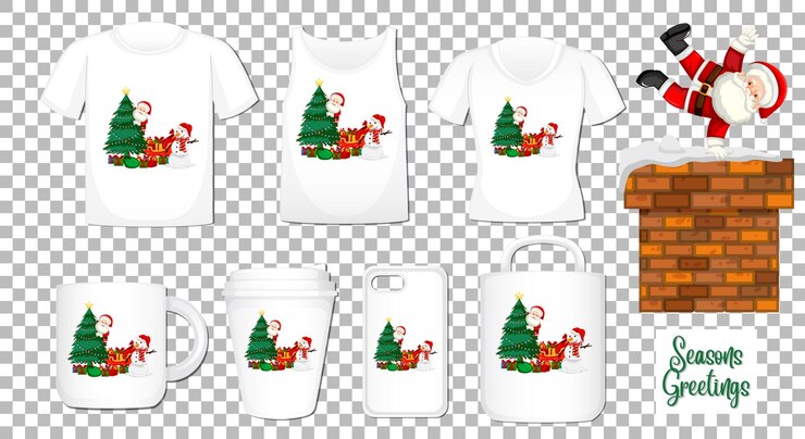 Vetor grátis papai noel dançando personagem de desenho animado com um conjunto de diferentes produtos de roupas e acessórios em fundo transparente