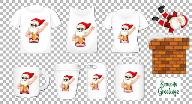 Papai Noel dançando personagem de desenho animado com um conjunto de diferentes produtos de roupas e acessórios em fundo transparente