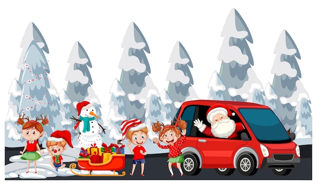 Papai noel dirigindo carro com crianças felizes no tema de natal