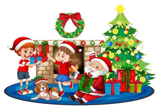 Papai noel e crianças no tema de natal