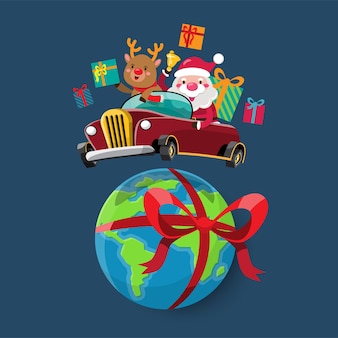 Papai noel e uma rena dirigem um automóvel para enviar um presente de natal para crianças de todo o mundo. elemento de recorte de feliz natal para cartões de festas, convites e decoração de comemoração do site
