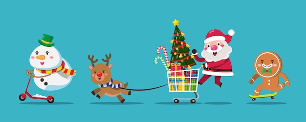 Papai Noel empurra o presente de compra do carrinho de compras na loja para enviar a pessoas ao redor do mundo. Elemento de recorte de feliz Natal Cartões de férias, convites e decoração de celebração do site.