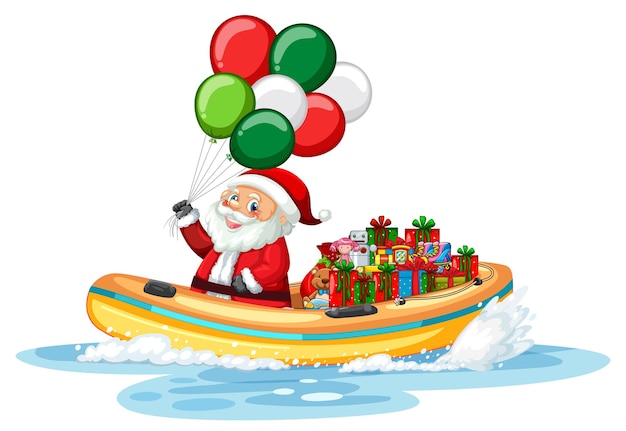 Papai Noel no barco com seus presentes