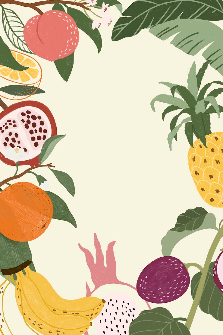 Vetor grátis papel de parede de molduras de frutas tropicais desenhadas à mão