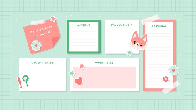 Papel de parede de organizador de desktop verde fofo com design plano desenhado à mão