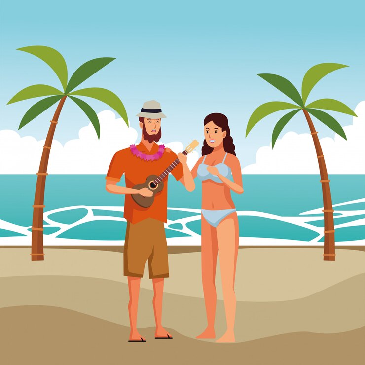 Vetor grátis par jovem, desfrutando, verão, desenhos animados