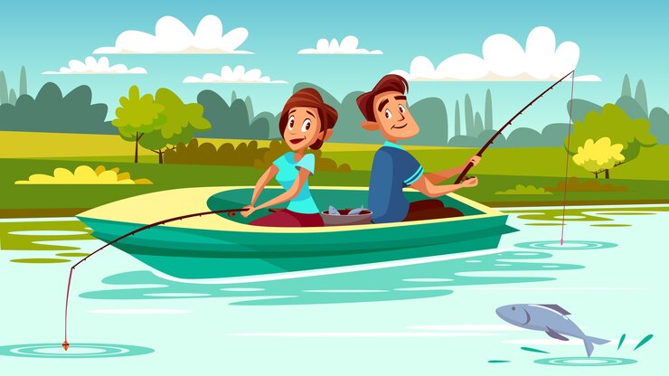 Vetor grátis par, pesca, ilustração, de, homem jovem, e, mulher, em, bote, com, varas, ligado, lago