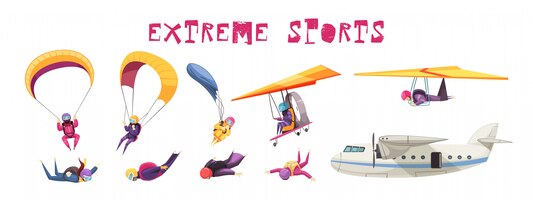 Pára-quedismo esporte radical elementos coleção de ícones plana com para-quedas salto livre planador avião isolado