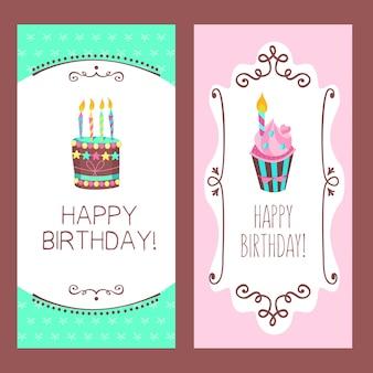 Parabéns pelo seu aniversário. lindos bolos fofos e bolos à luz de velas. quadros desenhados à mão. ilustração vetorial.