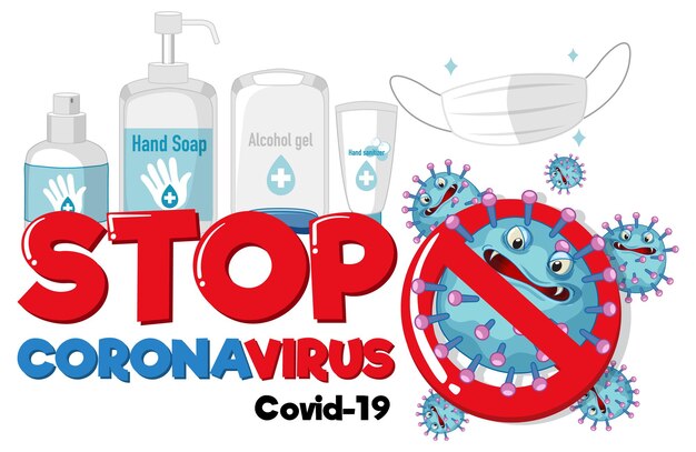Pare o design da fonte do Coronavirus com produtos desinfetantes no fundo branco