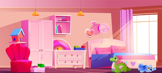 Vetor grátis parede rosa quarto de criança interior fundo vetor de desenho animado móveis de criança na casa com cama armário janela guarda-roupa e poltrona modernas meninas crianças design plano para cena de jogo com ninguém