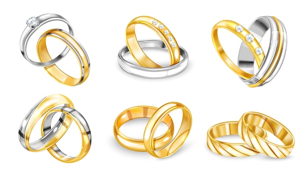 Vetor grátis pares de anéis de casamento ou noivado de ouro ilustração vetorial isolada realista