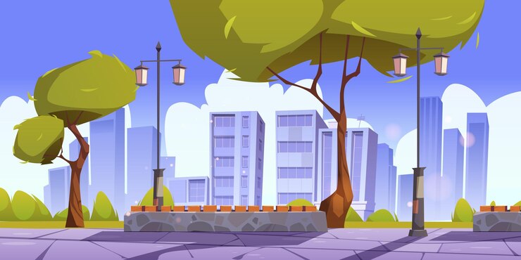 Vetor grátis parque da cidade com banco, lanternas e árvores verdes