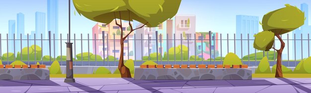 Parque da cidade com bancos e casas ecológicas atrás da cerca