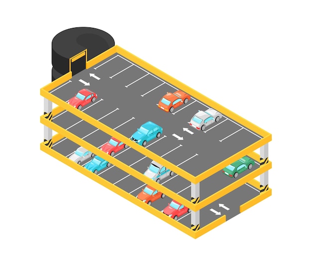 Vetor grátis parque de estacionamento isométrico de vários andares com veículos estacionados e lotes vagos ilustração vetorial 3d