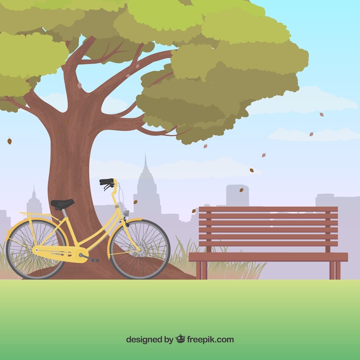 Vetor grátis parque de fundo com uma árvore e uma bicicleta
