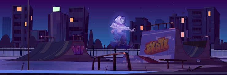 Vetor grátis parque de skate com menino fantasma andando de skate à noite. paisagem urbana dos desenhos animados com rampas e graffiti nas paredes.
