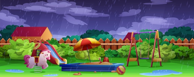 Vetor grátis parque infantil em tempo chuvoso com poças e brinquedos