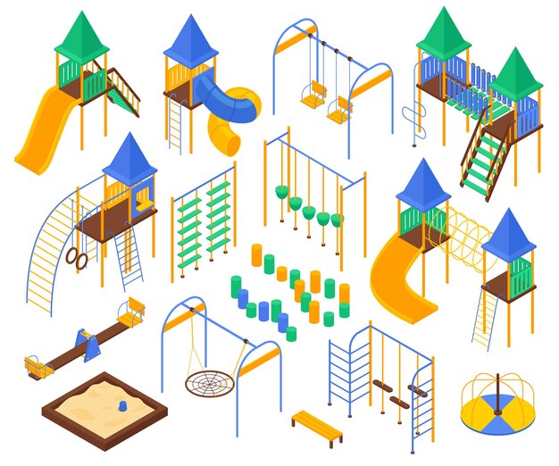 Parque infantil isométrico definido com imagens isoladas de dispositivos de diversões de instalações de área de recreação infantil e ilustração vetorial de slides