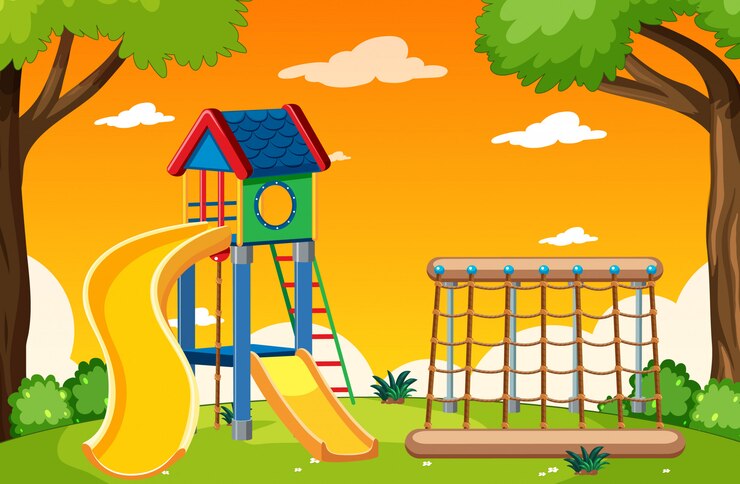 Vetor grátis parque infantil no parque com céu vermelho e amarelo luz cartoon estilo