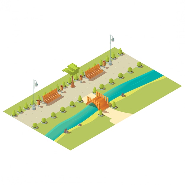 Vetor grátis parque isométrico com bancos, árvores, arbustos, ponte de madeira acima do rio e lixeiras