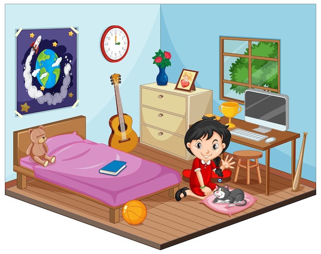 Vetor grátis parte do quarto de cena infantil com uma garota em estilo cartoon