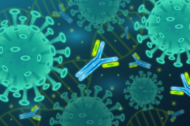 Partículas de vírus interagindo com moléculas de anticorpo