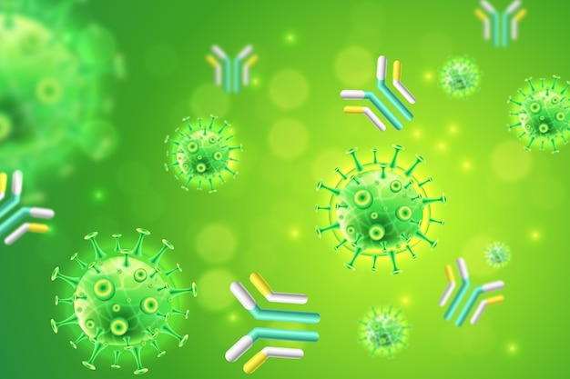 Partículas de vírus interagindo com moléculas de anticorpo