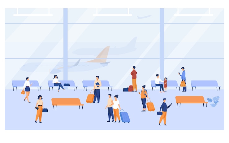 Vetor grátis passageiros dentro do edifício do aeroporto com grandes janelas panorâmicas ilustração vetorial plana. personagem de desenho animado esperando o avião, sentado nos bancos, andando com a bagagem.