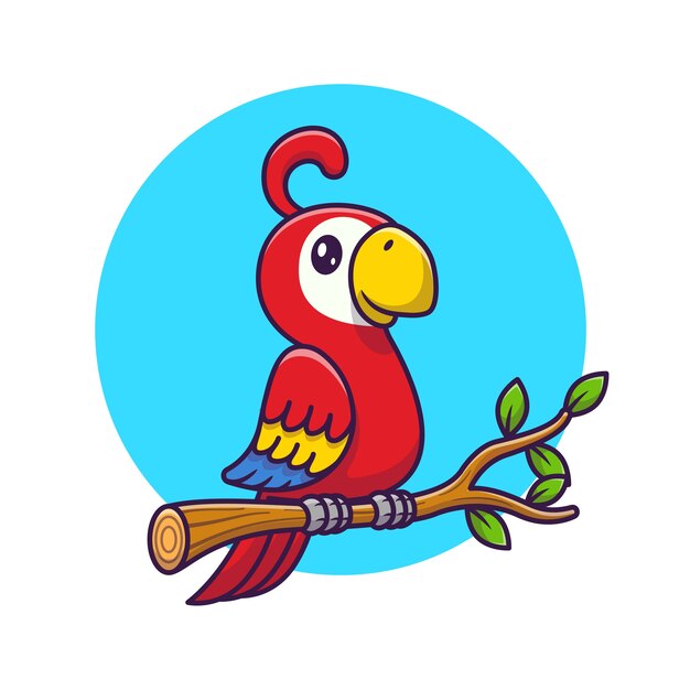 Pássaro bonito do papagaio nos desenhos animados do ramo. Conceito de ícone de vida selvagem animal isolado. Estilo Flat Cartoon