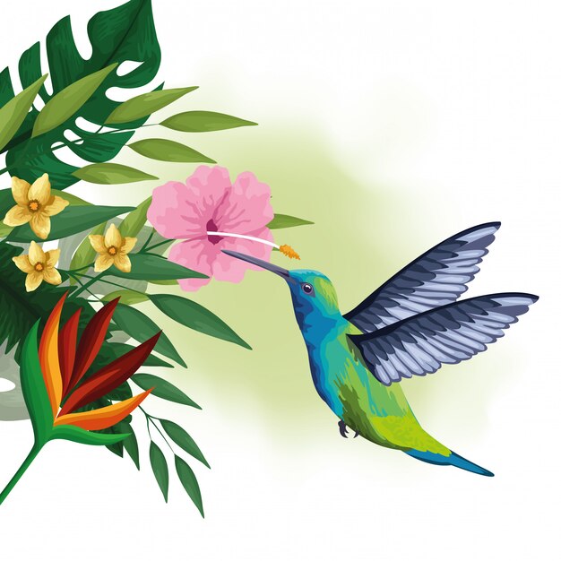 Pássaro exótico e desenho de flores tropicais