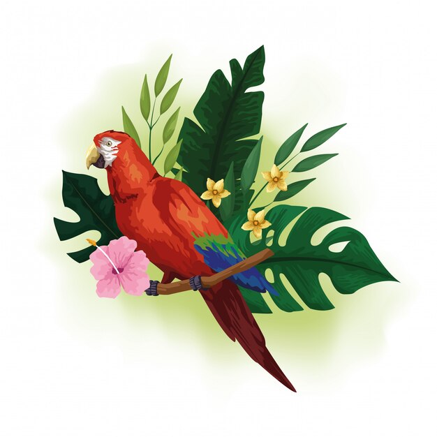 Pássaro exótico e desenho de flores tropicais