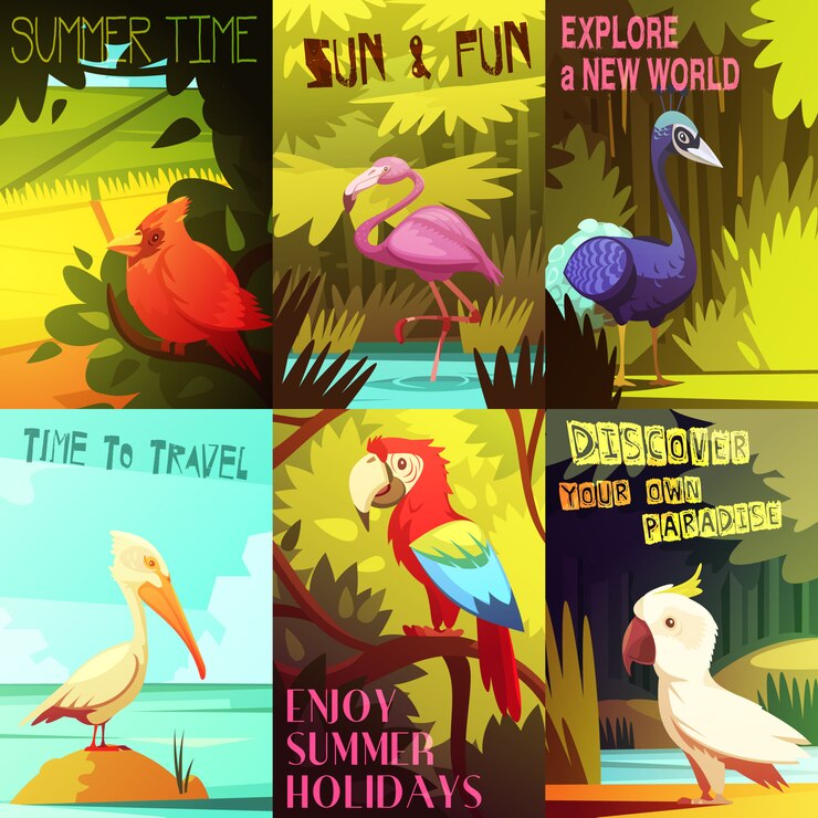 Vetor grátis pássaros coloridos exóticos 6 composição de cartazes com pelicano papagaio cacatua e flamingo