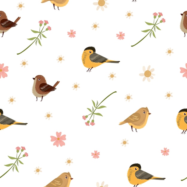 Pássaros e flores sem costura padrão