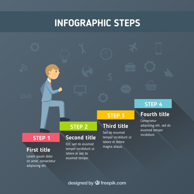 Passos infográficos com homem de negócios