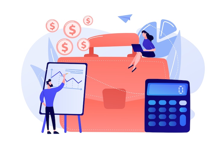 Vetor grátis pasta, calculadora e contadores trabalhando com gráficos e laptop. conceito de contabilidade, análise financeira e planejamento em fundo branco.