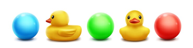 Vetor grátis patos de borracha e bolas isolados em branco