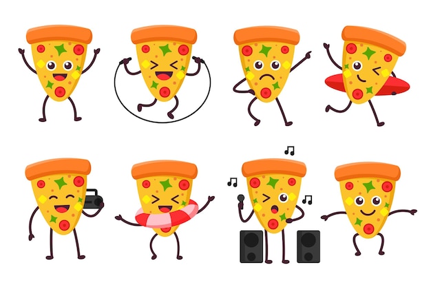 Vetor grátis peça de coleção de pizza com exercício, pular corda, aeróbica, surf, ouvir música de rádio, nadar com tubos, cantar e dançar. em personagem de desenho animado, ilustração vetorial